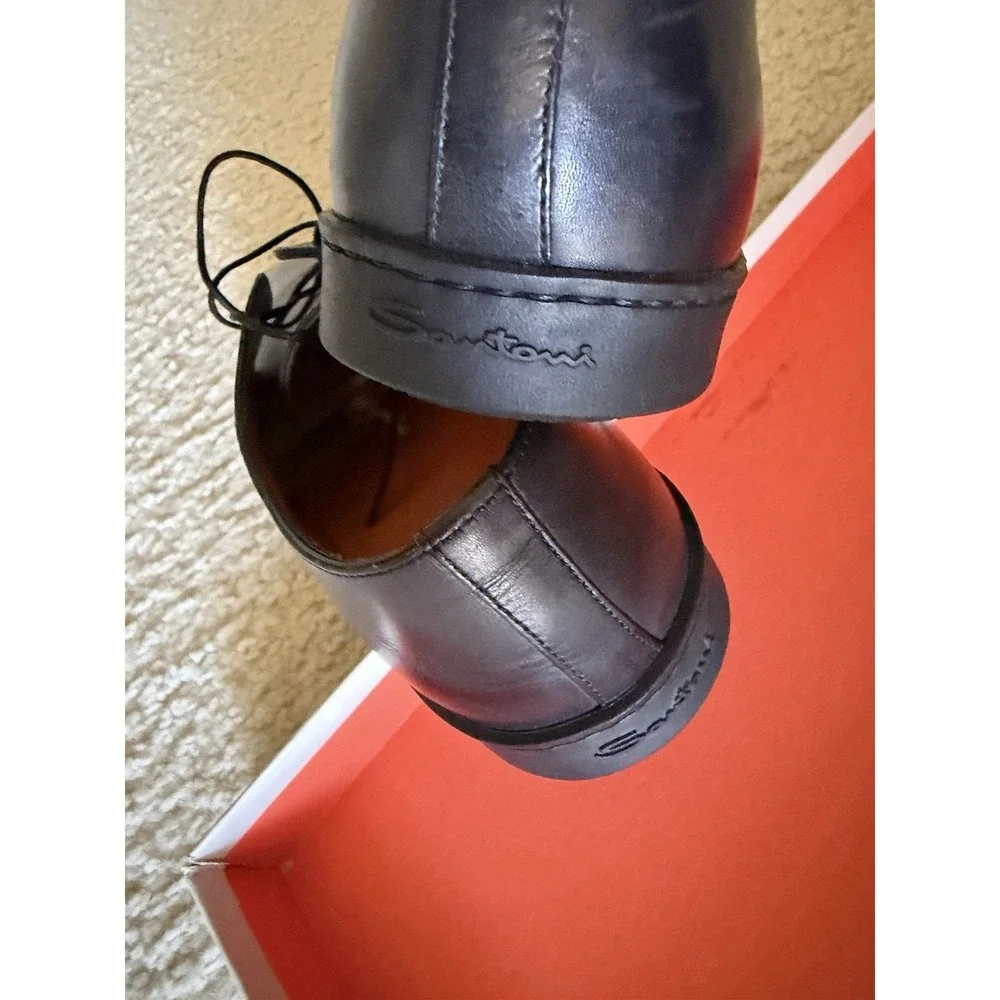 Santoni Black Leather Derby Lace Up Dress Shoes‎ Men's Size 7.5 Almond Toe
